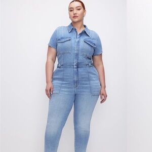 Good American Blue Denim Overalls with Fitted Waist